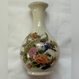 Vtg Japan Satsuma-style porcelain vase peacock and floral crackle glaze Interpur